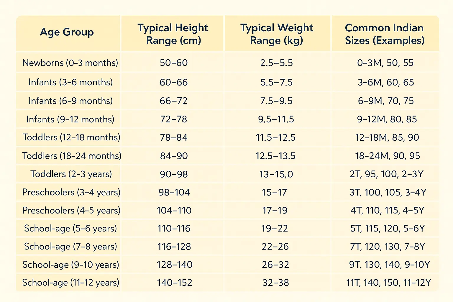 Kids Size Chart for India