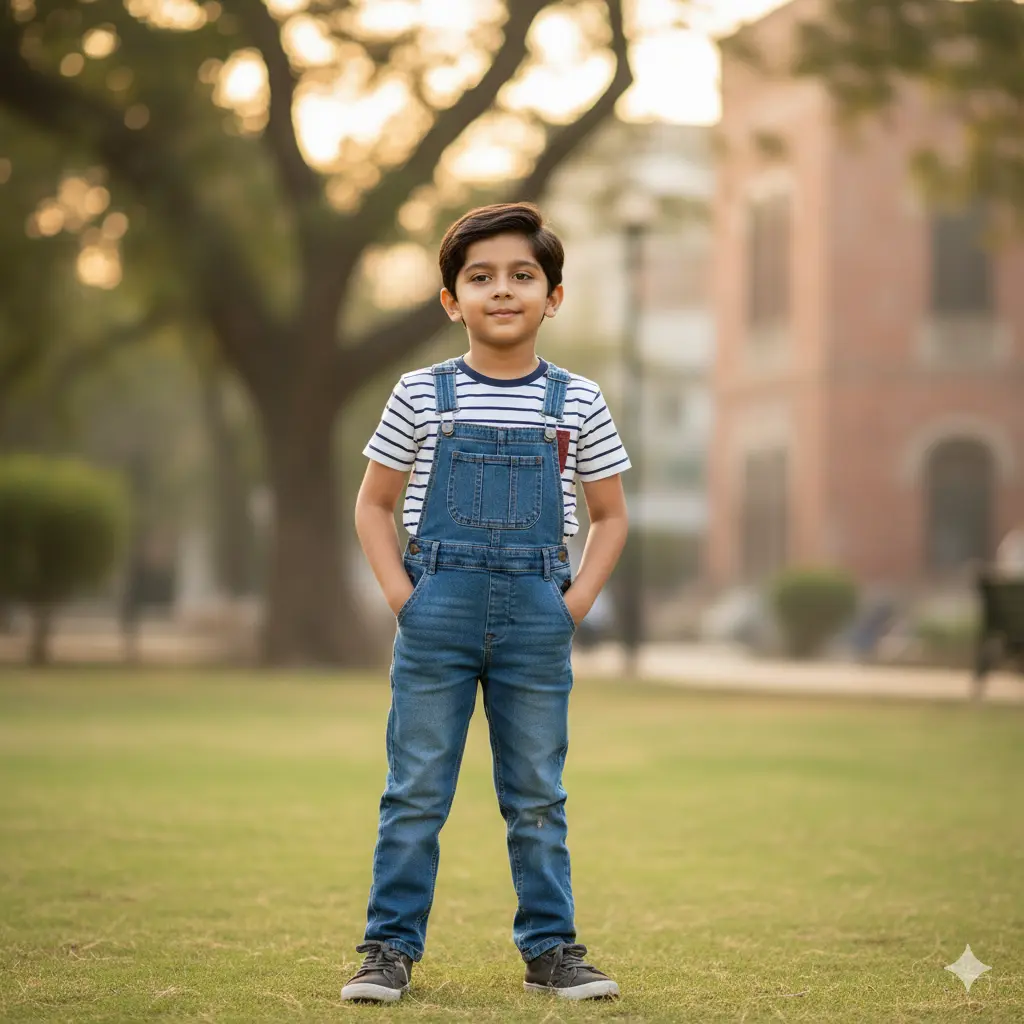 Boy wearing a denim jumpsuit layered with a long-sleeve t-shirt