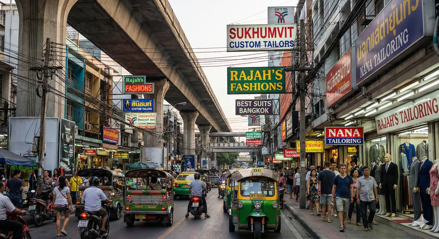 Expert tailor measuring fabric for a custom suit, superimposed over a busy Sukhumvit street scene in Bangkok
