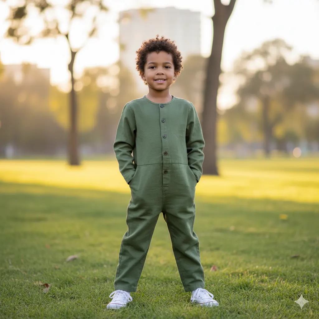 Gender-neutral olive jumpsuit styled with sneakers