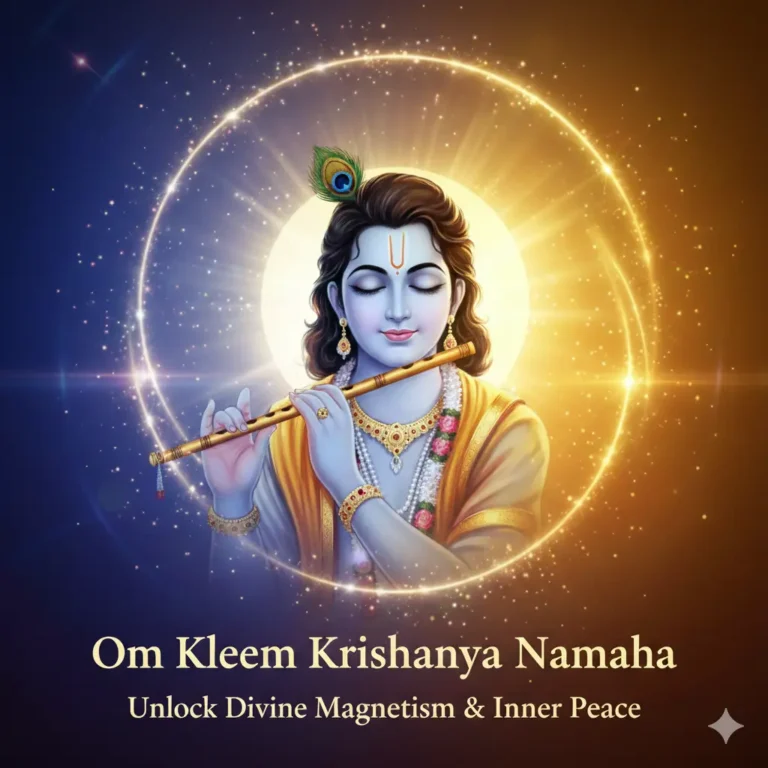 Om Kleem Krishnaya Namah Mantra Benefits with Lord Krishna divine attraction energy banner