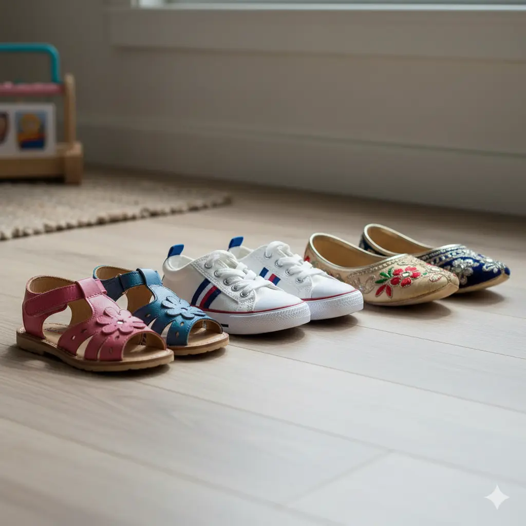 Row of kids’ footwear – sandals, sneakers, juttis