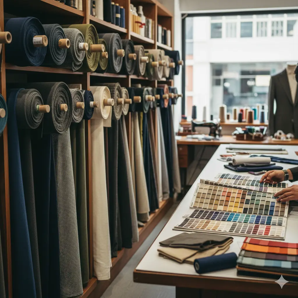Close-up of premium tailoring fabric rolls and swatches, including Italian wool, Thai silk, and cotton blends.