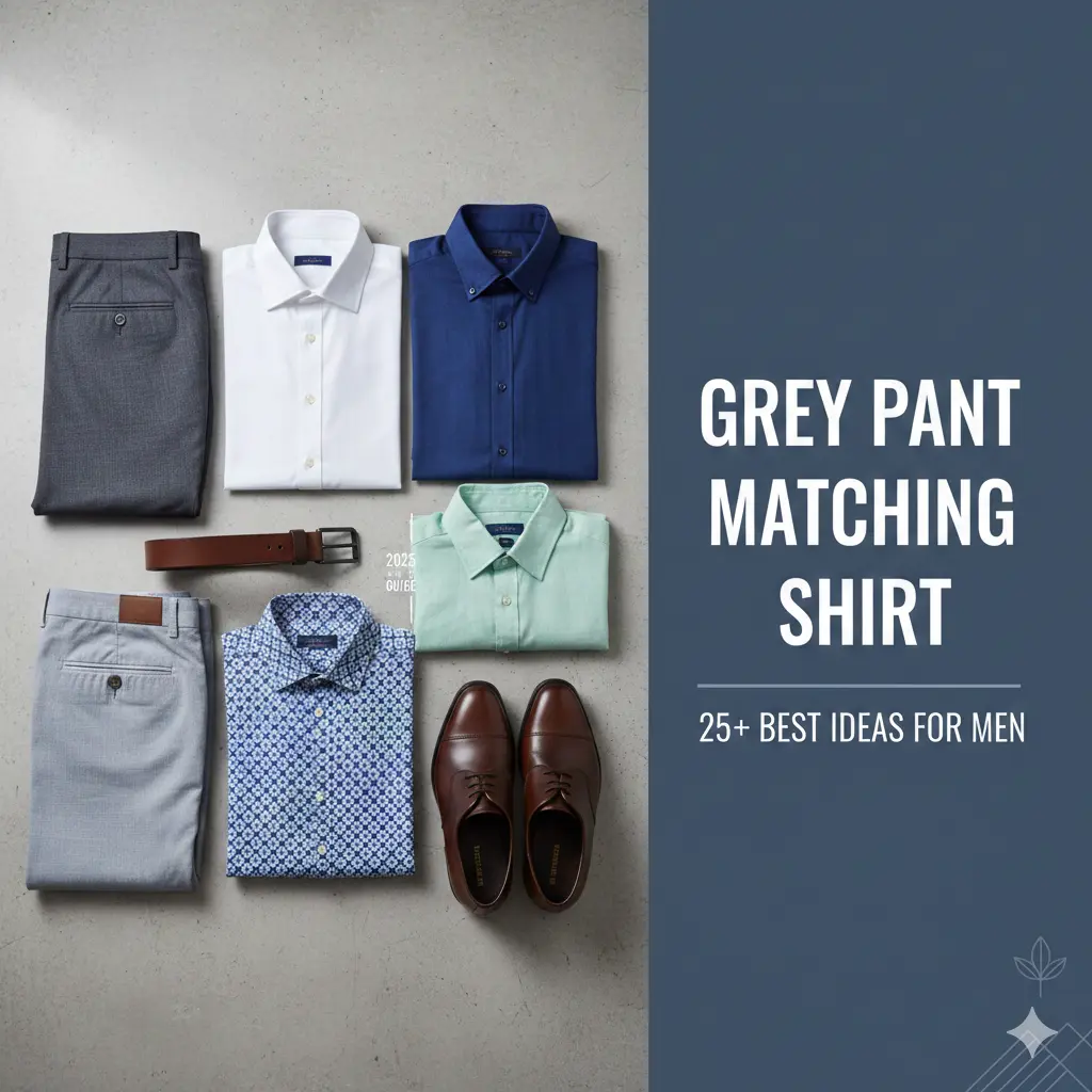 pant matching shirt combinations flat lay: Featuring charcoal grey trousers, light grey chinos, and classic shirts (white, navy blue, mint green, and patterned blue) with brown leather belt and shoes.