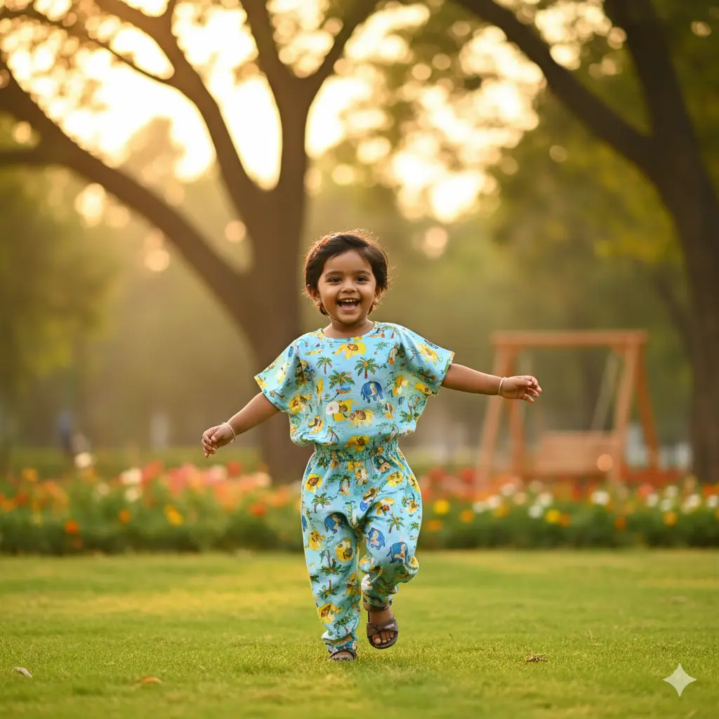 Child playing in a park wearing a breathable cotton jumpsuit