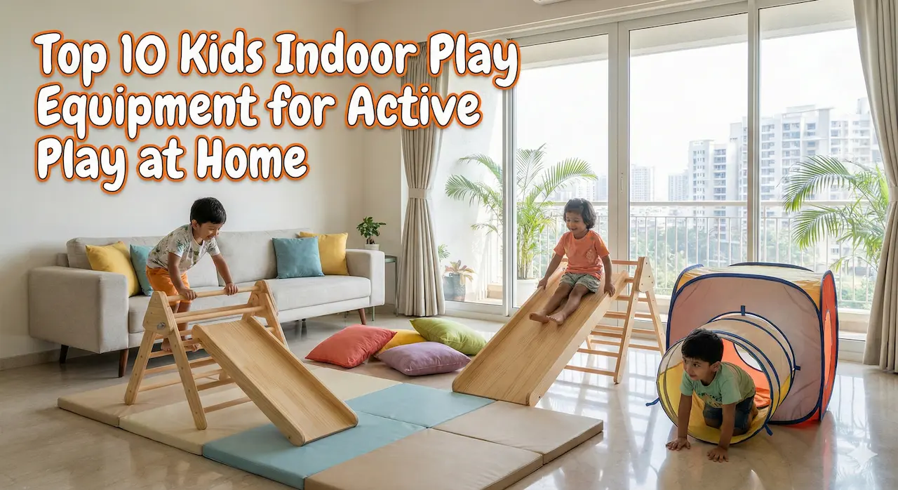 Indian children playing actively on wooden indoor play equipment, including a Pikler triangle, slide, and crawl tunnel in a bright apartment living room