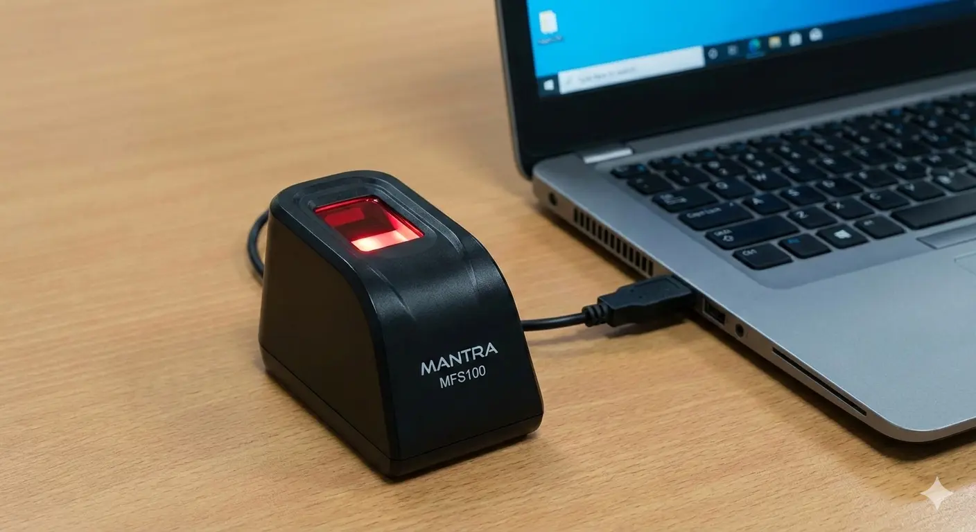 The Mantra MFS100 device connected to a laptop