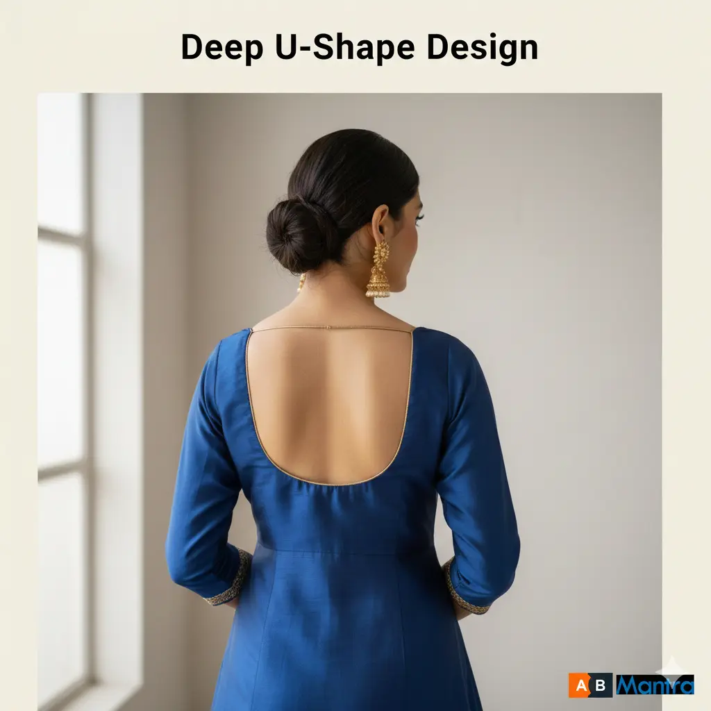 Elegant deep U-shaped back neckline with gold piping on a royal blue silk ethnic suit