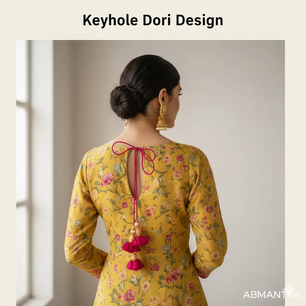 Hand-stitched keyhole back neck design with silk dori and tassels on a Chanderi suit