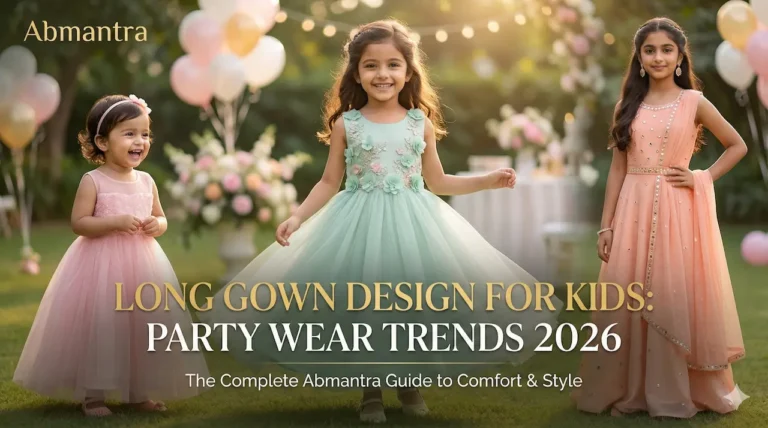 Abmantra guide banner for Kids Long Gown Design Trends 2026, showcasing three girls in pastel and Indo-western party wear gowns outdoors.