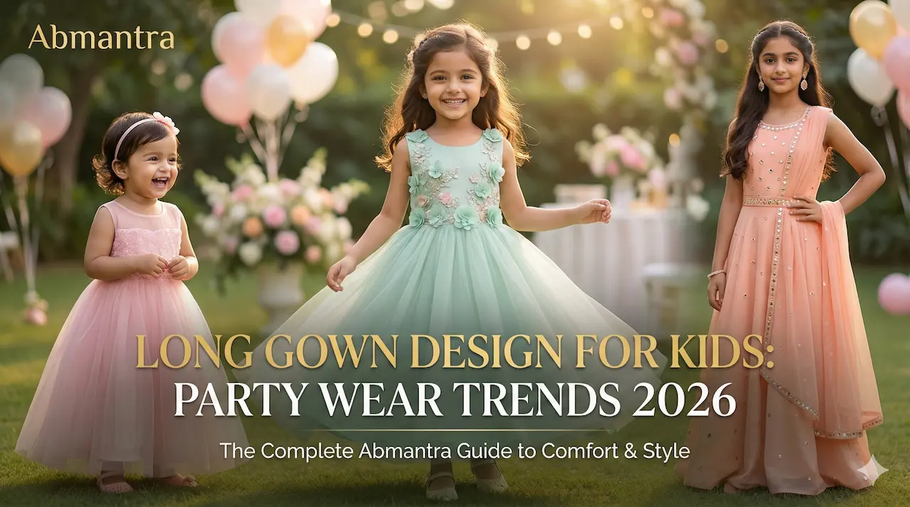 Abmantra guide banner for Kids Long Gown Design Trends 2026, showcasing three girls in pastel and Indo-western party wear gowns outdoors.