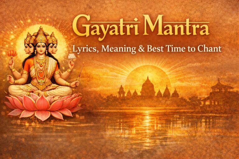 Gayatri Mantra banner with sunrise temple and Goddess Gayatri