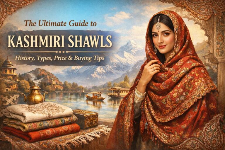 Elegant woman wearing red Kashmiri pashmina shawl with intricate embroidery against snowy Kashmir landscape backdrop