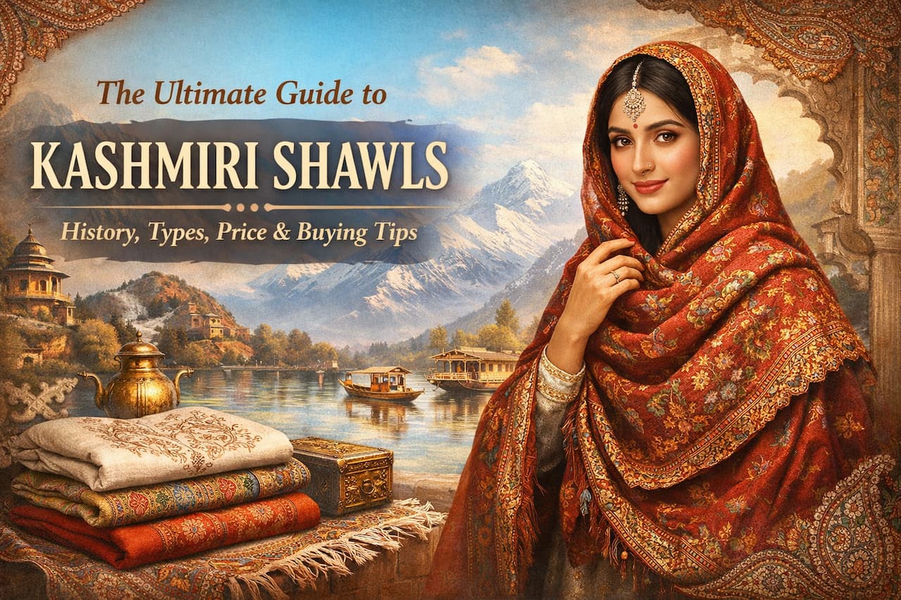 Elegant woman wearing red Kashmiri pashmina shawl with intricate embroidery against snowy Kashmir landscape backdrop