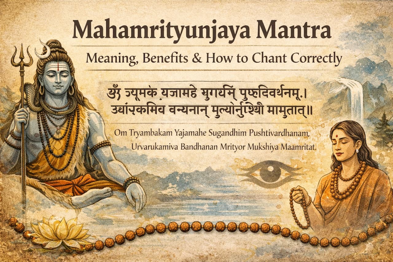 Mahamrityunjay Mantra banner with Lord Shiva, Sanskrit lyrics, rudraksha mala and chanting devotee