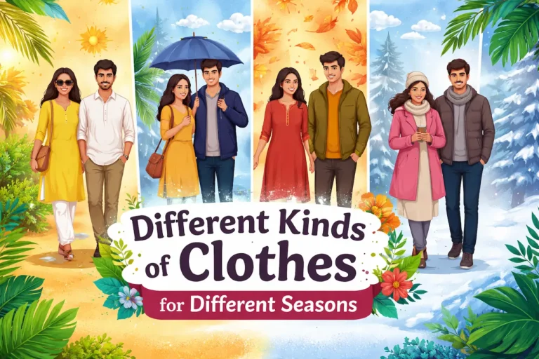 Different kinds of clothes for different seasons in India shown through summer, monsoon, autumn, and winter outfits for men and women