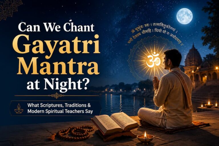 Can We Chant Gayatri Mantra at Night – devotee chanting Gayatri Mantra under the moonlight with Om symbol, prayer beads, and sacred Hindu scriptures.