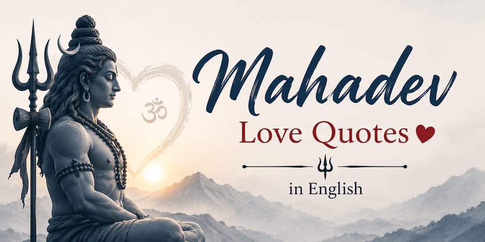 Mahadev Love Quotes in English banner featuring Lord Shiva with spiritual mountain background and devotional theme